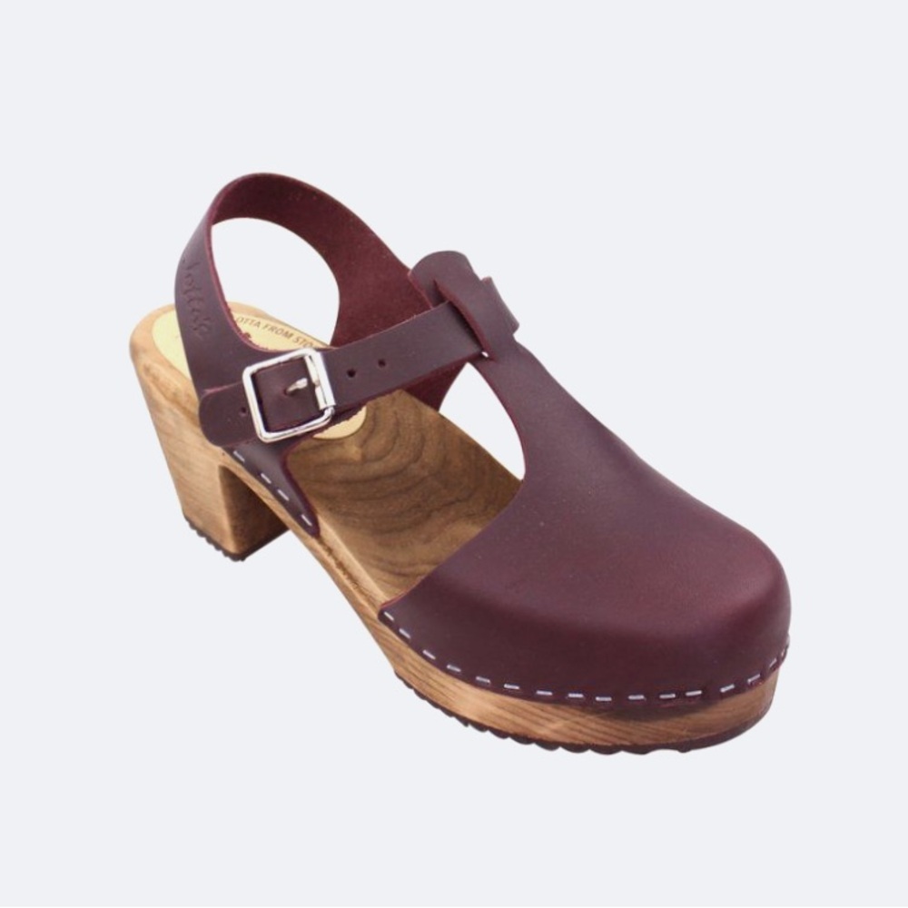 Lotta from Stockholm Highwood T-Bar Clogs Aubergine on Brown Base